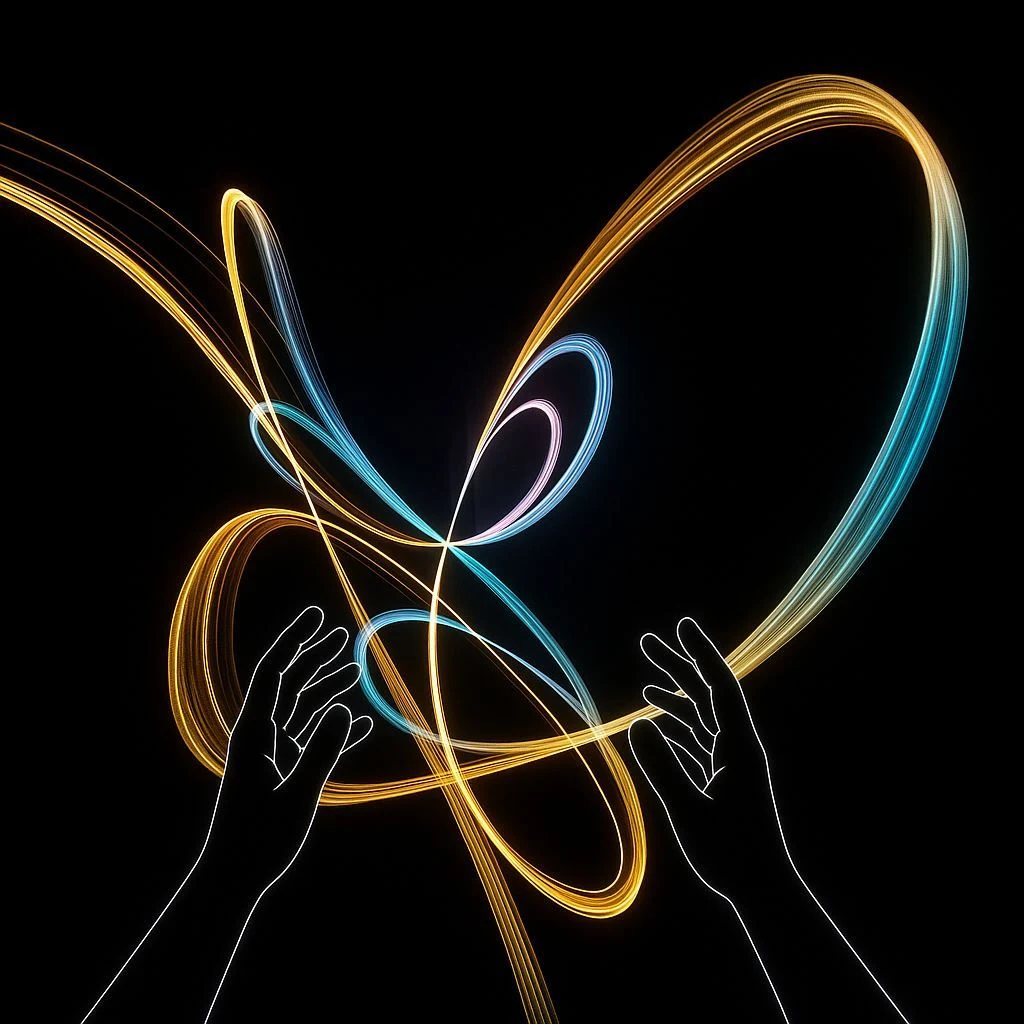 Golden and blue light trails looping through a dark space