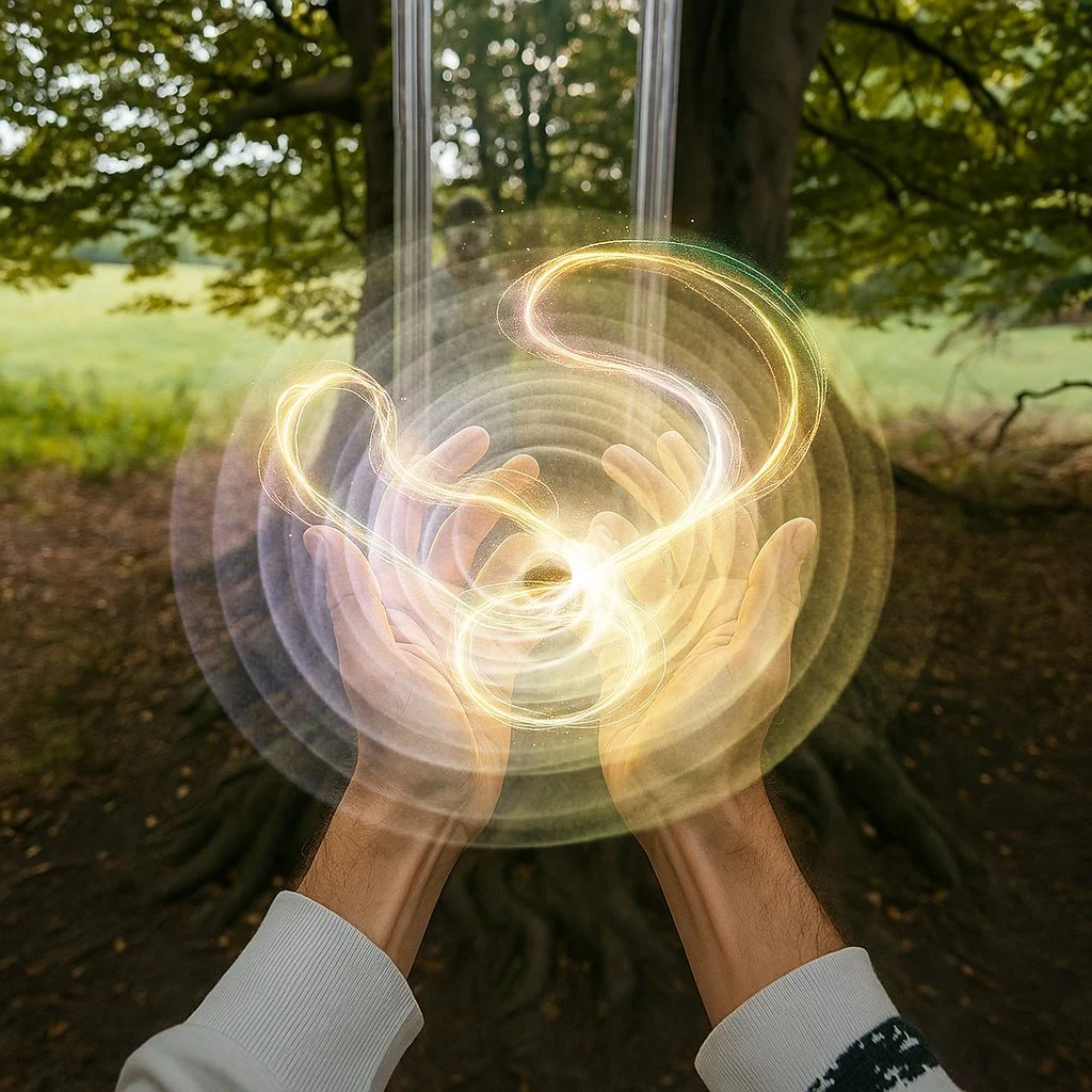 Concept of glowing ribbons swirling around a hand in a garden
